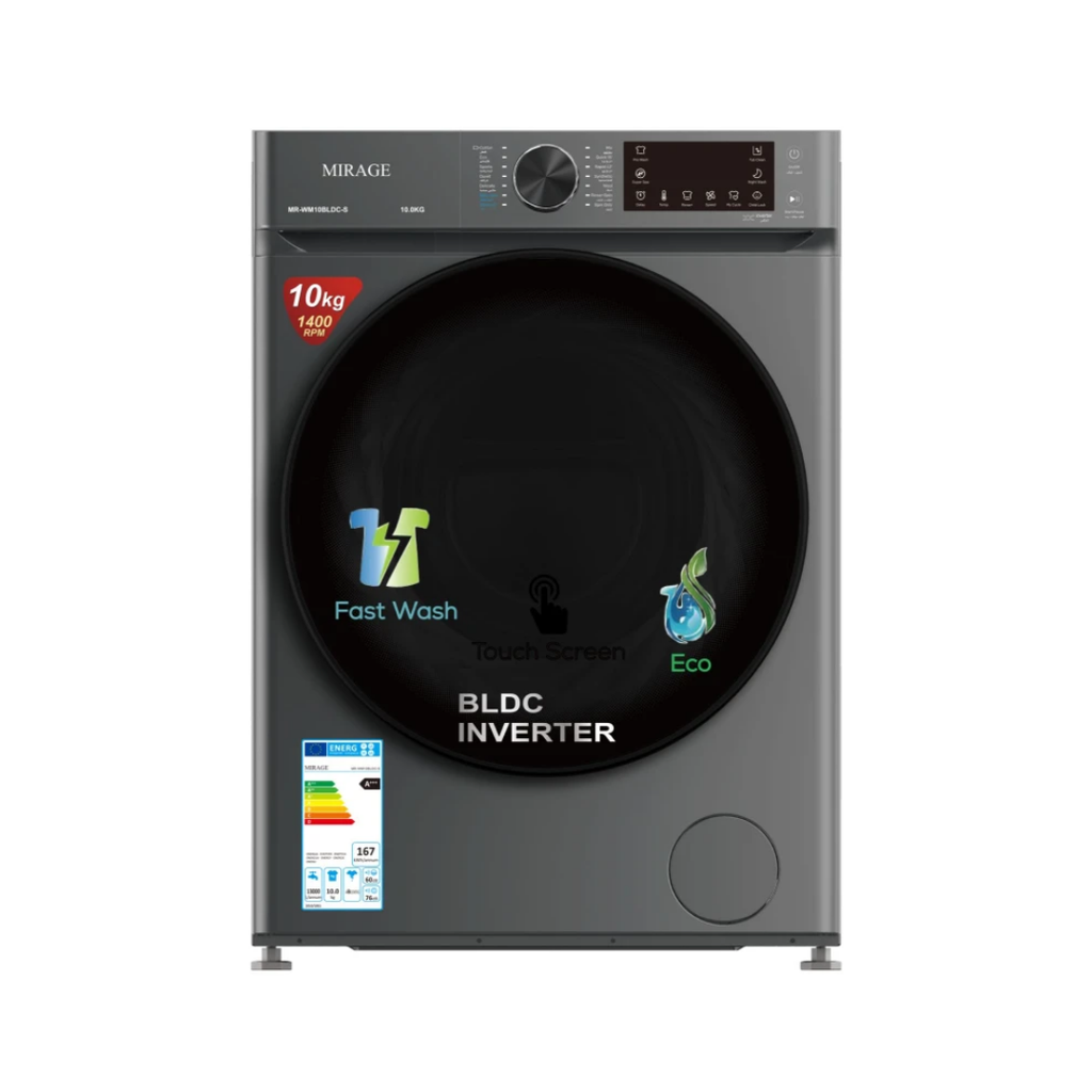 Mirage 1400rpm Inverter Front-Load Washing Machine, Black – MR-WM10BLDC-S